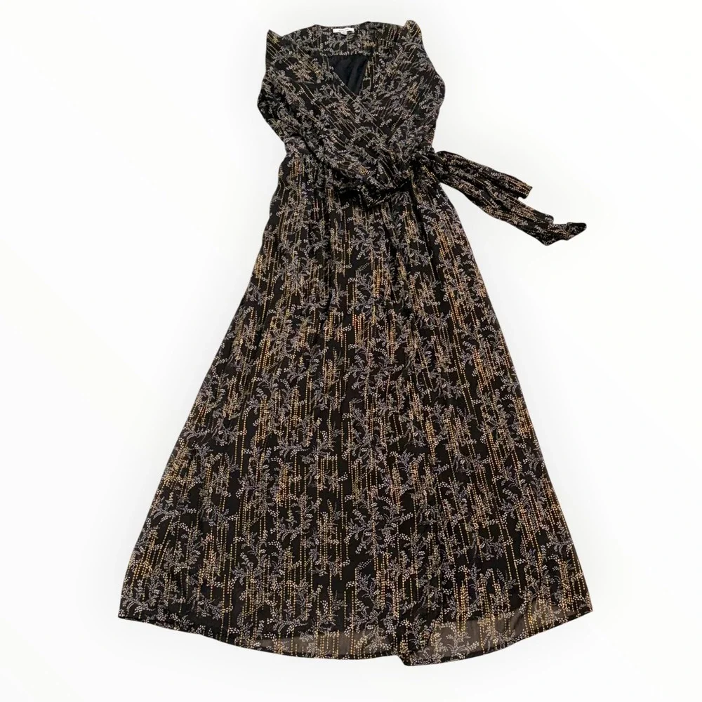 BTFL‑Life Black Gold Metallic Floral Wrap Maxi Dress Long Sleeve Slit Size Small